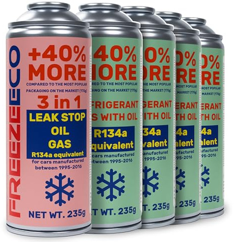 Freezeco 3-i-1 4 x 2 i 1 – reservkylmedel R134a + 4 burkar reservkylmedel med olja för luftkonditioneringsfyllning för personbilar 1995–2016, 235 g