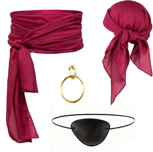 FDHBDF Piraten Kostüm Accessoires Set, Piratenkapitän Zubehör mit Stirnband und Taillengürtel, für Karneval und Halloween (Weinrot, Stück, 4)