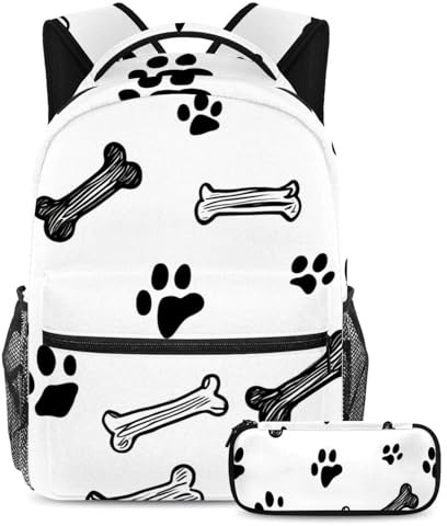 VAPOKF Sac d'école avec motif empreintes de pattes de chien dessinés à la main pour adolescentes, filles, garçons, enfants, sac à dos avec trousse à crayons pour primaire, secondaire, lycée