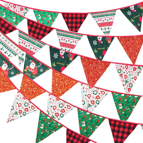 G2PLUS 10m Fabric Christmas Bunting: Double Sided Christmas Banner, 36PCS Reusable Cloth Shabby Chic Xmas Banner for Xmas Decoration, 6 Patterns