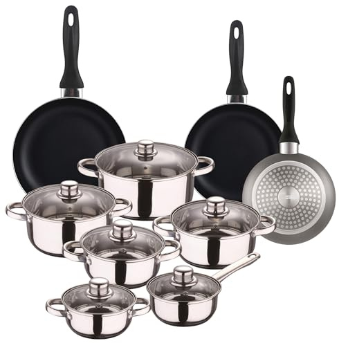 Well Home Set di utensili da cucina da 12 pezzi in acciaio inox + 3 padelle Ø16Ø20Ø24 cm Grigio metallizzato in alluminio pressato