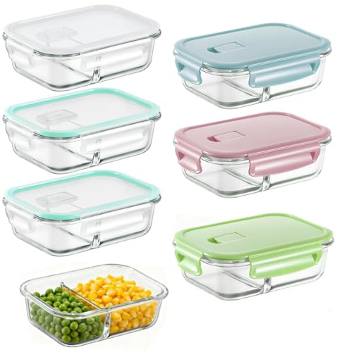 Zocipro 6 Pack Glass Food Storage Containers with Lids 640ml | 2 Compartment Meal Prep Containers, Leak-Proof, Airtight, Microwave, Oven, Freezer & Dishwasher Safe