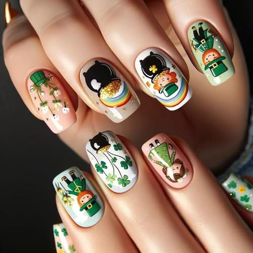 Faux ongles carrés à presser pour la Saint-Patrick, motif trèfles en acrylique, couverture complète, vert