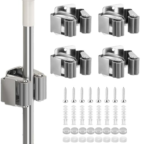 Uqingo 4Pcs Mop Broom Holder, Stainless Steel Wall Mounted Heavy Duty Tool Hook Brush Storage Organiser, Non-slip Silicone Gear Broom Grab Bracket for Kitchen Bathroom Closet Garden Garage