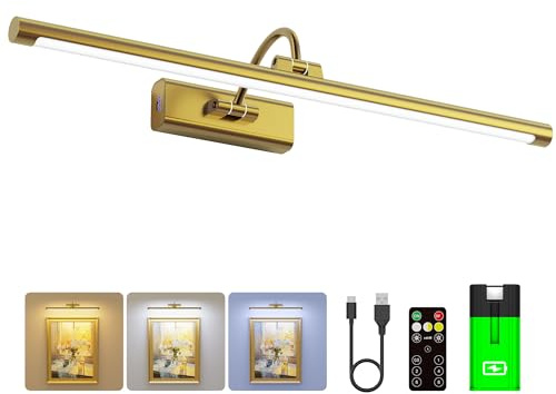 Craftersmark 61 cm Bilderrahmenleuchte mit 1 extra 8000 mAh Akku – kabellose, wiederaufladbare Wandleuchte aus Messing mit Fernbedienung für Büro, Flur und große Kunst