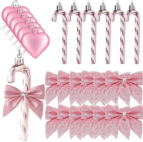 24Pcs Candy Cane Christmas Decorations, Pink Candy Christmas Tree Decorations, Pink and White Ornaments for Holiday Festive Decor, Includes 6 Canes, 12 Bows and 6 Heart Pendants