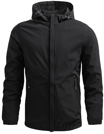 Klijuiaup Veste de pluie coupe-vent pour homme avec fermeture éclair intégrale, imperméable, légère, veste de sport pour la pêche, la randonnée, à capuche, coupe-vent, imperméable, Noir , M