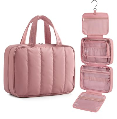 BAGSMART Puffer Kulturbeutel Damen, Tragbarer Kulturtasche zum Aufhängen | mit Hängehaken, wasserdichte Toiletry Bag Make up Bag, für große Accessoires, Toilettenartikel, Dunkelrosa