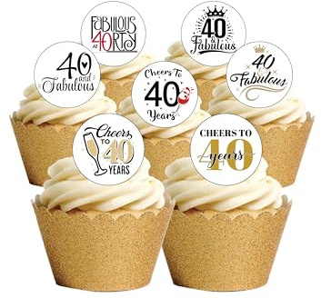 24 Precut Cheers to 40 years Age 40 Forty Fortieth 40th Birthday Edible Wafer Paper Cake Toppers Decorations