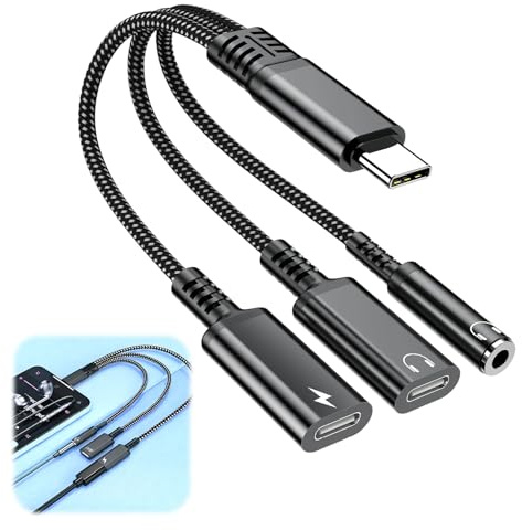 JRILUO Adaptador USB C 3 en 1 a Jack 3,5 mm y Auriculares USB-C con Carga, Audio y Carga Simultánea, Soporta Llamadas y OTG, Cable Corto 13,5 cm para Móviles y Tablets USB-C