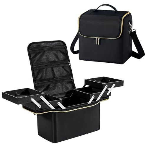 Joligrace Makeup Bag Travel Makeup Organiser Bag Vanity Case Large Make Up Box Beauty Storage Case Nail Polish Organiser with 4 Trays & Shoulder Strap, Black