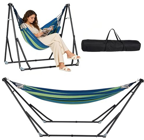 SogesPower 2-in-1 Hängematte mit faltbarem Stahlgestell & Tragetasche – Tragbare Schaukel für Garten, Balkon, Camping & Wohnung – Bunte Streifen Blau