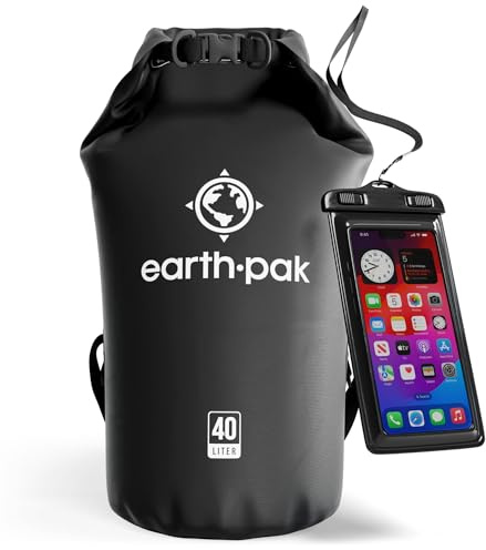 Earth Pak – Wasserdichter Packsack mit Schultergurt und wasserfester Handyhülle – Ideale Rolltop Tasche beim Kajak Fahren, Wandern, Camping, Angeln, Bootfahren und Rafting