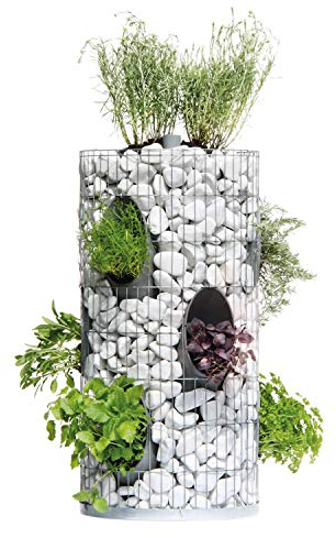 bellissa Gabionen-Kräuterturm - 95620 - Steinkorb-Blumenturm für 10 Pflanzen mit integriertem Gießrohr und Trennfolie - Durchmesser 40 cm, Höhe 80 cm