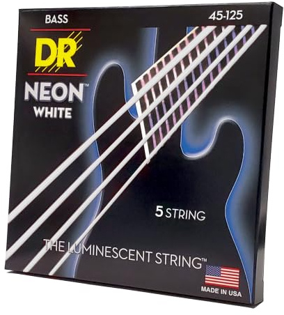 DR Strings - farbige Bass Saiten - white - 5-saiter, 045-125 | UV aktive K3 Beschichtung, Maximale Sichtbarkeit, Brillanter Klang, Buehnentauglich, Made in USA