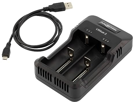 ANSMANN Caricatore Lithium 2 per 1-2 Batterie Li-Ion NiMH - Caricabatterie con LED per pile sigaretta elettronica con 3.7V - Caricabatteria AAA e AA