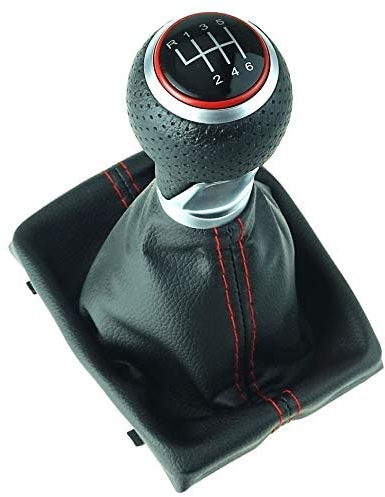 Do!LED DoLED - Pomello del cambio perforato + cuffia + telaio - in pelle - cucitura rossa - pezzo di ricambio per cambio a 6 marce, aspetto cromato lucido