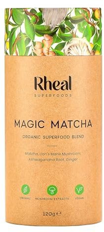 Rheal Magic Matcha, 120g (60 Servings), Organic Ceremonial Grade Japanese Matcha Green Tea Powder, With Lion’s Mane Mushroom & Ashwagandha, Vegan Superfood for Focus & Energy
