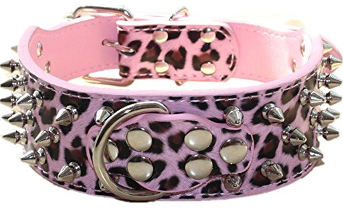 haoyueer Hundehalsband, Leder, Nieten, 5,1 cm breit, für mittelgroße und große Hunde, rosa Leopardenmuster