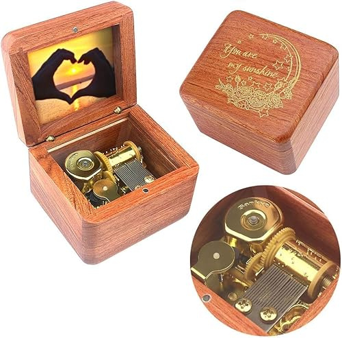 Sinzyo Natural Wooden Music Box with Customizable Photos Wind Up Musical Box Gifts for Christmas,Birthday and Valentine's Day(Character Rosewood, Tone:You are My Sunshine)
