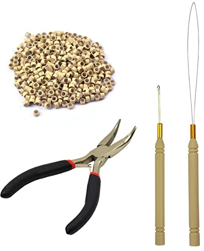 Hair Extensions Pliers Tool Kit Hair Pliers Pulling Hook Bead Device Loop Threader and 500pcs 5.0mm Silicone Lined Micro Rings (Blonde)