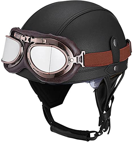 CFZWJ Vintage tysk stil läder öppen ansikte halvhjälm gata motorcykelhjälm med skyddsglasögon hackare pilot moped scooter för män kvinnor hjälm DOT-godkänd (54-61 cm)