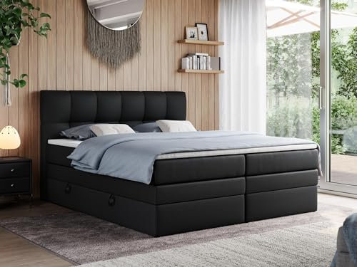 MKS MEBLE King Boxspringbett 180x200 Mit Bettkasten, Polsterbett Mit Multipocket-Matratze H4, Kopfteil und Topper - Schwarz Kunstleder - Alvin