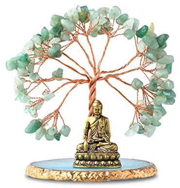 CRUCISRESIN Buddha Statue with Healing Crystal Tree, Tree of Life for Positive Energy. Home Decor Yoga Meditation. Green.(B)