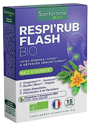 Santarome - Respi'Rub flash Bio - Complément alimentaire voies respiratoires et défenses immunitaires - Nez et gorge - 15 comprimés - Made In France