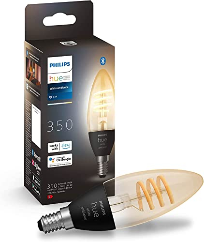Philips Hue White Ambiance Filament, E14 Kerzenform LED Lampe, dimmbar, 350lm, warm- bis kühlweißes Licht, steuerbar via App, kompatibel mit Amazon Alexa (Echo, Echo Dot), 1er Pack