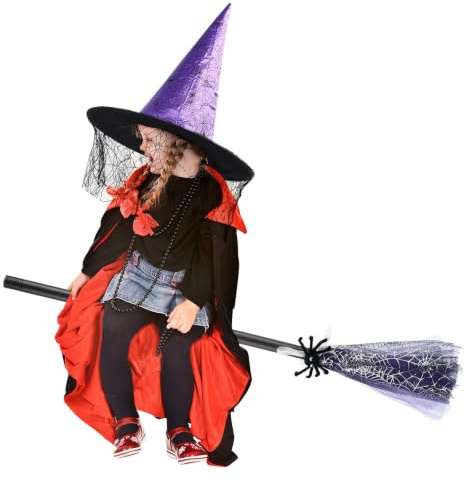 BESPORTBLE Kids Halloween Witch Broomstick Costume: Purple Witch Hat and Broom Set for Girls Boys - Adjustable Double-Joint Broom for Halloween Parties Carnival and Themed Events