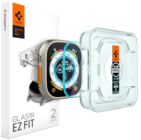 Spigen EZ Fit Schutzfolie [2 Stück] für Apple Watch Ultra 3/2/1, 49mm | Gehärtetes Glas, inkl. Installationskit, Kristallklar, Kratzfest, Hüllenfreundlich, 9H Härte Folie