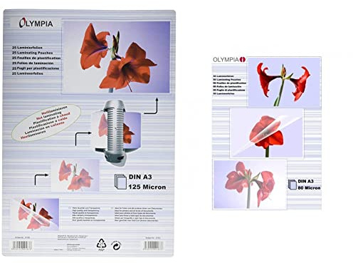 Olympia Laminierfolien DIN A3, 125 Mikron, glänzend, 25 Stück, 9183 & Laminierfolien DIN A3, 80 Mikron, glänzend, 50 Stück, 9174