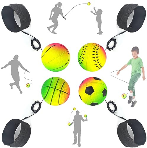 Jastown 4 Pièces Neon Spring Balles Avec Bracelet Poignet,Ball mit Schnur Kinder,La Corde Élastique Retourne Balle,Exercices Pour Les Doigts Avec Balle De Caoutchouc,Coordination La Main-Eye