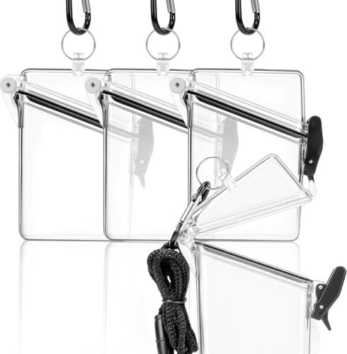 Mototo 4 Pack Transparent Waterproof ID Card Badge Holder Case Clear ID Holder Waterproof Card Holder for Swimming with Lanyard and Keychain for Id Badges Credit Cards Keys Coin Locker Dry Box, Clear
