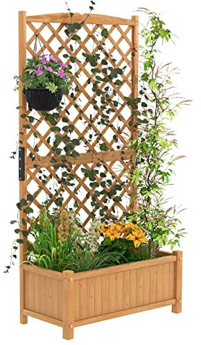 GOPLUS Blumenkasten mit Rankgitter, Hochbeet mit Spalier, Gartenspalier mit Drainagelöchern für Kletterpflanzen Blumen (Gelb)
