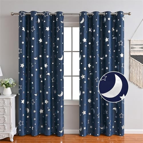 Freyamy Vorhang Blickdicht Dunkelblau Mond Sternenvorhänge 2 Stück,130x100cm (HxB) Niedliche Vorhänge mit Ösen Lichtundurchlässig thermovorhang kälteschutz Gardinen Lärmschutz für Kindervorhänge