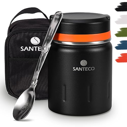 SANTECO Termo de Comida Caliente Aislado al Vacío - Frasco Tarro de Acero Inoxidable de Doble pared con Cuchara Plegable sin BPA, Bolsa de Viaje Aislante a Prueba de Fugas - 500ml Negro