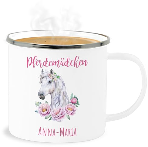 Emaille Becher Blechbecher - Pferd Pferde - Pferdemädchen mit Name personalisiert I Geschenk Reiten Mädchen - 300 ml - Weiß Silber - pferdetassen tasse pferdemotiv pferden und tassen