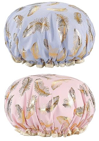Belegao 2pcs Bath Caps with Elastic Band - Double Layers Shower Cap Waterproof Oilproof Ruffled Covering Ears 27cm Wide Cute Printed for Adults and Kids