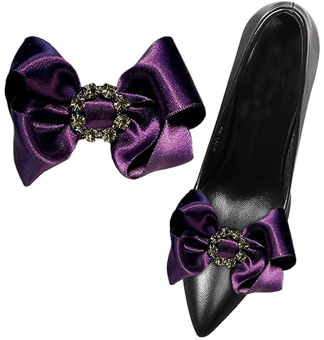2 clips de lazo morado para zapatos, cinta de satén, adorno de zapatos con perlas y diamantes de imitación, hebilla desmontable para zapatos, Algodón, No es una piedra preciosa
