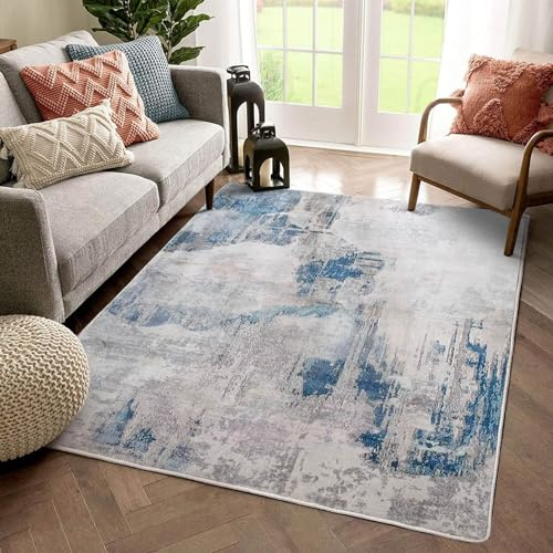 Fenisonavy - Alfombras para sala de estar grises, modernas y abstractas, alfombra grande de pelo corto, alfombra antideslizante suave para dormitorio, decoración de habitación (120 x 160 cm, azul lago