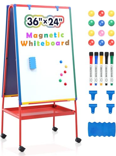 Swansea Whiteboard-Ständer mit Lagerung, 90x60cm, Höhenverstellbar, Doppelseitiges Magnetisches Design, Mobil Whiteboard Flipchart mit Rollen für Klassenzimmer, Schule