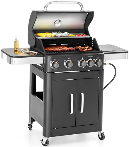 Sophia & William 4-Burner Gas BBQ Grill with Side Burner & Porcelain-Enameled Cast Iron Grates, Outdoor Cooking Propane Grills Cabinet Style Garden Barbecue Grill, 46,700BTU, Black