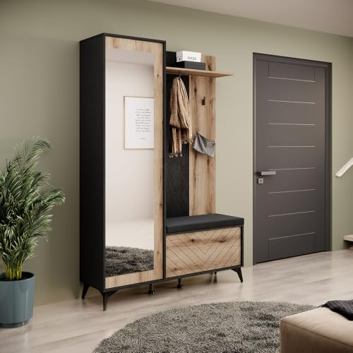 Lomadox Garderobe Kombination Set Flurmöbel Flurgarderobe mit Sitzbank Flurschrank Spiegel Garderobenpaneel schwarz mit Eiche
