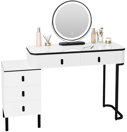 WOLTU Schminktisch mit Beleuchtung, 3 einstellbare Helligkeiten, für Schlafzimmer, Frisiertisch mit Spiegel, 1 Seitenschrank 5 Schubladen, modern, Braun-Holzoptik & Weiß