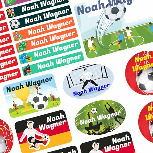 Namensaufkleber Set - Kinder - 75 Stück - Fußball - mit Wunschtext - Name - personalisiert - Namensetiketten - für Jugendliche - Firma - Universität - Schule - Kinder - KITA