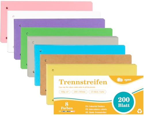 Agoer Dividers for A4 Folders, Pack of 200, 8 Colours, Folder Dividers | Colourful, 180 g/m², Printable Cardboard, Folder Dividers for Sorting, Index of Documents, 24 x 10.5 cm