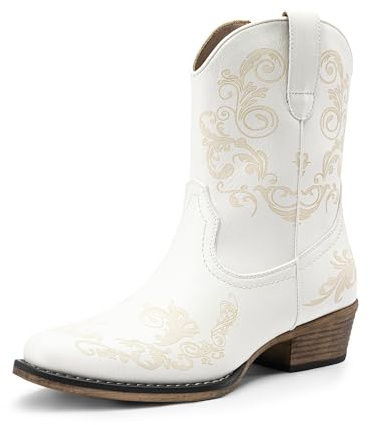 DREAM PAIRS Stivaletti da donna Cowboy Cowgirl western bassi tacchi grossi punta quadrata autunno stivaletti corti scarpe, bianco, 38.5 EU