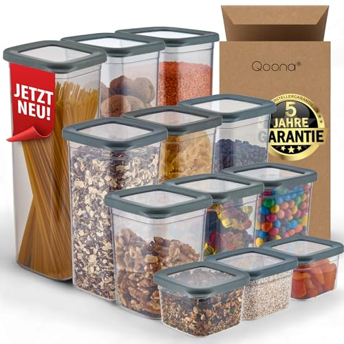 QOONA Luftdichte Vorratsdosen mit Deckel [12er-Set] Anthrazit - Stapelbar & platzsparend für die Küche, Vorratsgläser luftdicht, Mehl Aufbewahrung, Food Container, Vorratsbehälter, Aufbewahrungsbox
